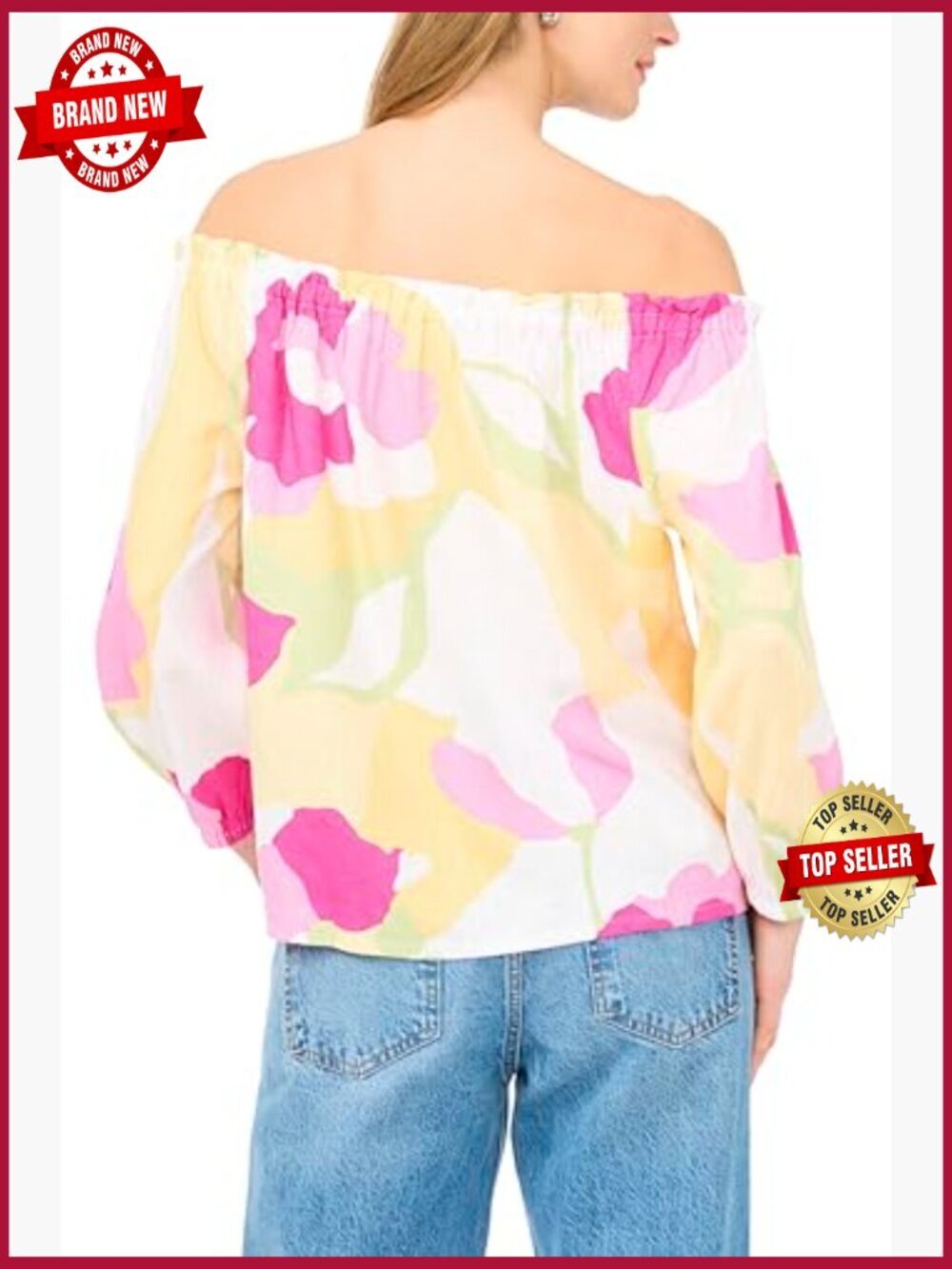 Long Sleeve Square Neck Top with Elastic Neckline and Cuffs - Picture 2 of 4